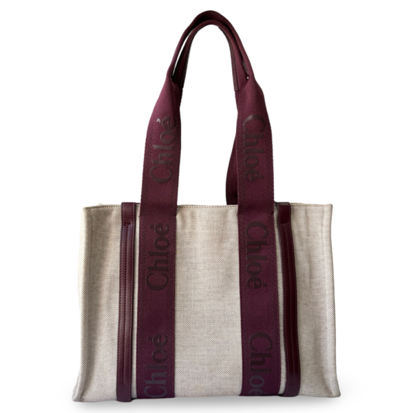 Chloé Beige/Burgundy Canvas and Leather Medium Woody Tote Bag