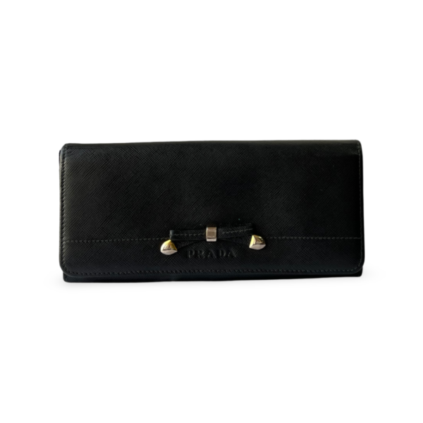 Prada Black Saffiano Lux Leather Bow Flap Wallet with Gold Tone Hardware