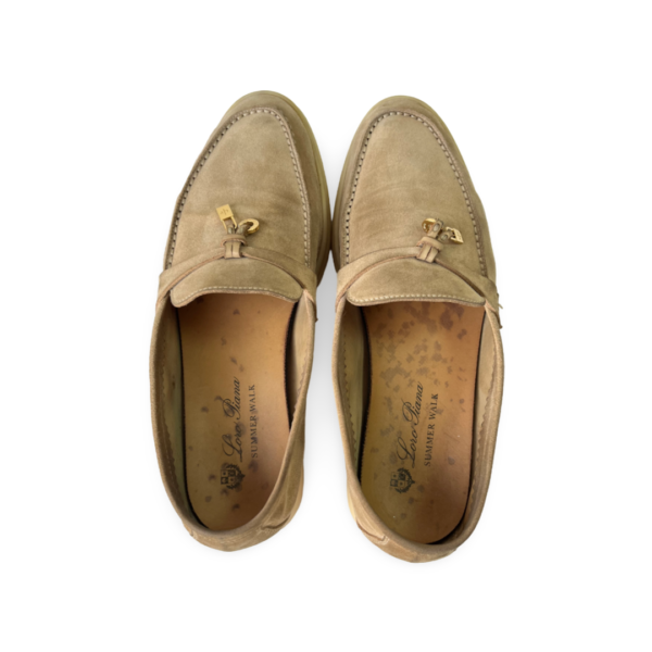 Loro Piana Women's Summer Charms Walk Suede Loafers Size 37.5 with Gold Tone Metal Charm - Image 8