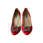 Manolo Blahnik Red Satin Hangisi Crystal Embellished Pointed Toe Pumps, Size 38.5 - Image 2