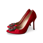 Manolo Blahnik Red Satin Hangisi Crystal Embellished Pointed Toe Pumps, Size 38.5 - Image 3