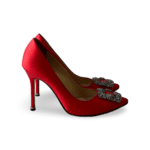 Manolo Blahnik Red Satin Hangisi Crystal Embellished Pointed Toe Pumps, Size 38.5 - Image 4