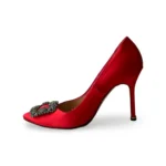Manolo Blahnik Red Satin Hangisi Crystal Embellished Pointed Toe Pumps, Size 38.5 - Image 5
