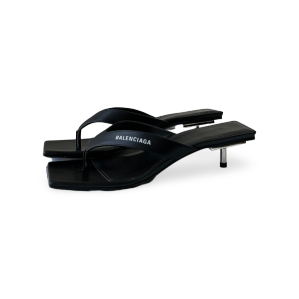 Balenciaga Black Leather Square Toe Thong Slide Sandals