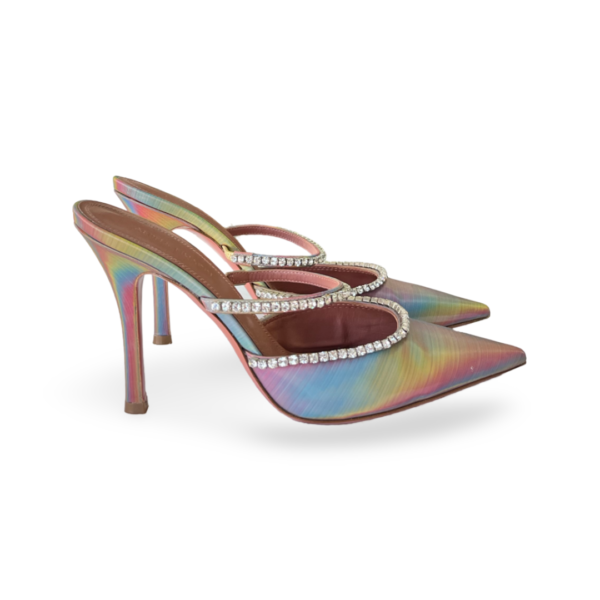 Amina Muaddi Gilda 95 Mules in Holographic Leather - Image 5