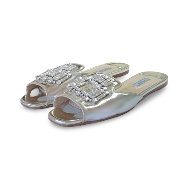 Prada Metallic Silver Leather Crystal Embellished Flat Slides