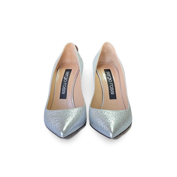 Sergio Rossi Silver Texture Leather Pointed Toe Pumps - Image 3