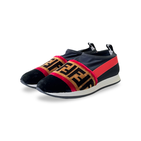 Fendi Tri-Color Stretch Nylon, Mesh, and Zucca Print Velvet Runaway Slip-On Sneakers