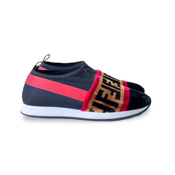 Fendi Tri-Color Stretch Nylon, Mesh, and Zucca Print Velvet Runaway Slip-On Sneakers - Image 4