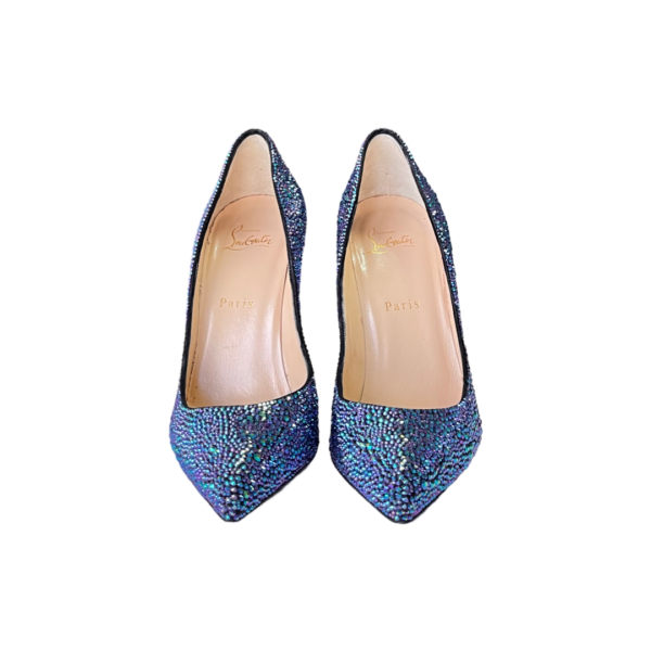 Christian Louboutin Metallic Blue Crystal Embellished Suede Pigalle Follies Pumps, Size 38.5 - Image 3