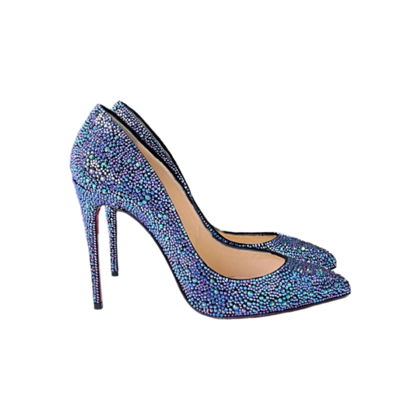 Christian Louboutin Metallic Blue Crystal Embellished Suede Pigalle Follies Pumps, Size 38.5 - Image 5