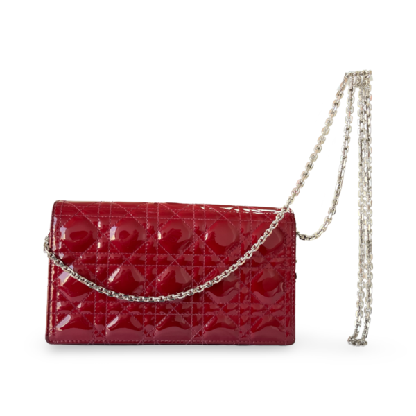 Lady Dior Pouch with Chain – Cherry Red Patent Cannage Calfskin - Image 3