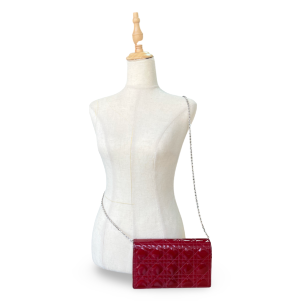 Lady Dior Pouch with Chain – Cherry Red Patent Cannage Calfskin - Image 8