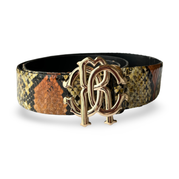 Roberto Cavalli Engraved Buckle Python Belt – Size 42/105