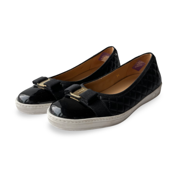 Salvatore Ferragamo Black Quilted Leather Varina Bow Ballet Flats Size 34
