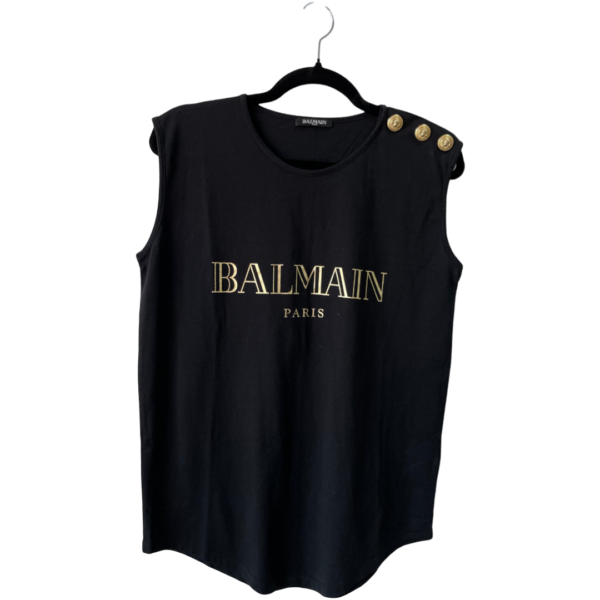 Pre-Loved Balmain Black Gold Foil Logo Military Button Shoulder Tank Top – Size S