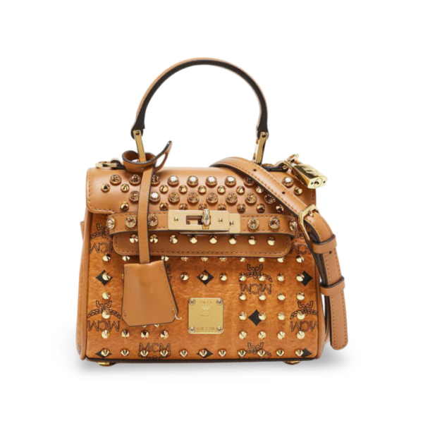MCM Cognac Visetos Coated Canvas and Leather Mini Heritage Top Handle Bag