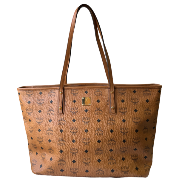 MCM Anya Cognac Monogram Medium Top-Zip Shopper Bag Tote with Zipper Clutch