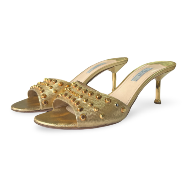 PRADA Gold Leather Slip-On Studded Slides Sandals Size 38