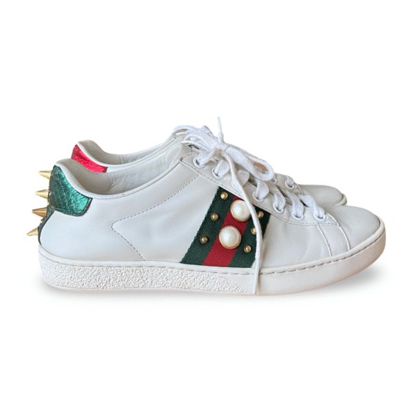 Gucci White Leather Faux Pearl and Spike Embellished Ace Sneakers Size 36 - Image 4