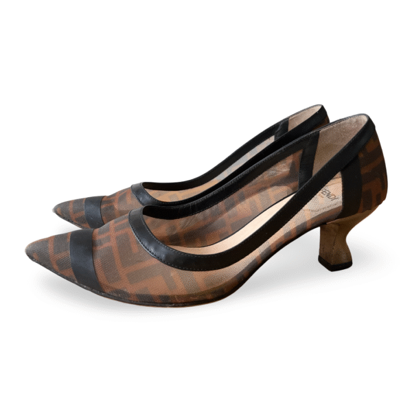 Fendi Brown/Black Zucca Mesh Colibri Pointed Toe Pumps Size 38.5 - Image 2