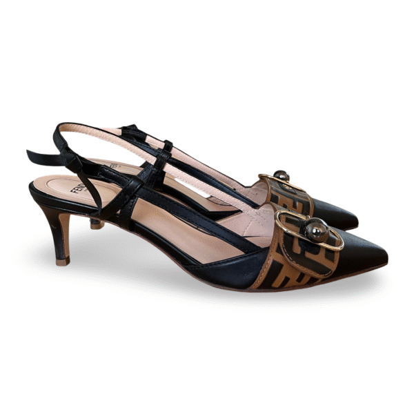 Fendi Vitello FF Embossed Pearland Décolleté Aperta Slingback Pumps – Black/Tobacco Moro (Size 40) - Image 3
