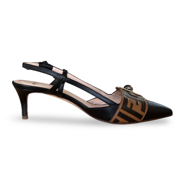 Fendi Vitello FF Embossed Pearland Décolleté Aperta Slingback Pumps – Black/Tobacco Moro (Size 40) - Image 5