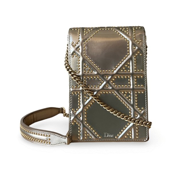 Christian Dior Champagne Glossy Leather Diorama Studded Vertical Chain Clutch - Image 2