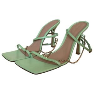 Bottega Veneta Green Leather Stretch Square Chain Ankle Strap Sandals – Size 39