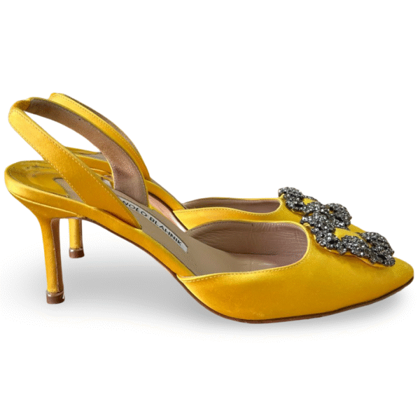 Manolo Blahnik Hangisli FMC Byel Satin Almond Toe Crystal Slingback Pumps – Size 38.5 - Image 3