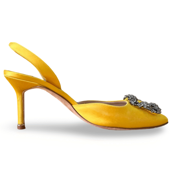 Manolo Blahnik Hangisli FMC Byel Satin Almond Toe Crystal Slingback Pumps – Size 38.5 - Image 5