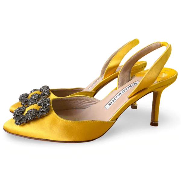 Manolo Blahnik Hangisli FMC Byel Satin Almond Toe Crystal Slingback Pumps – Size 38.5 - Image 2