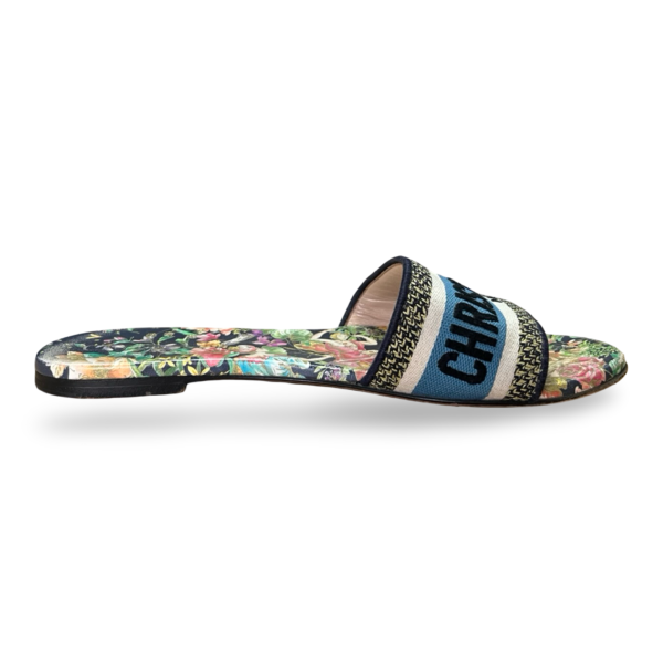 Dior Dway Slides – Multicolor Floral Base with Blue Embroidered Canvas, Size 38.5 - Image 4