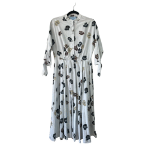 Prada  3/4-Sleeve White Floral Pleated Poplin Shirtdress – Size 42