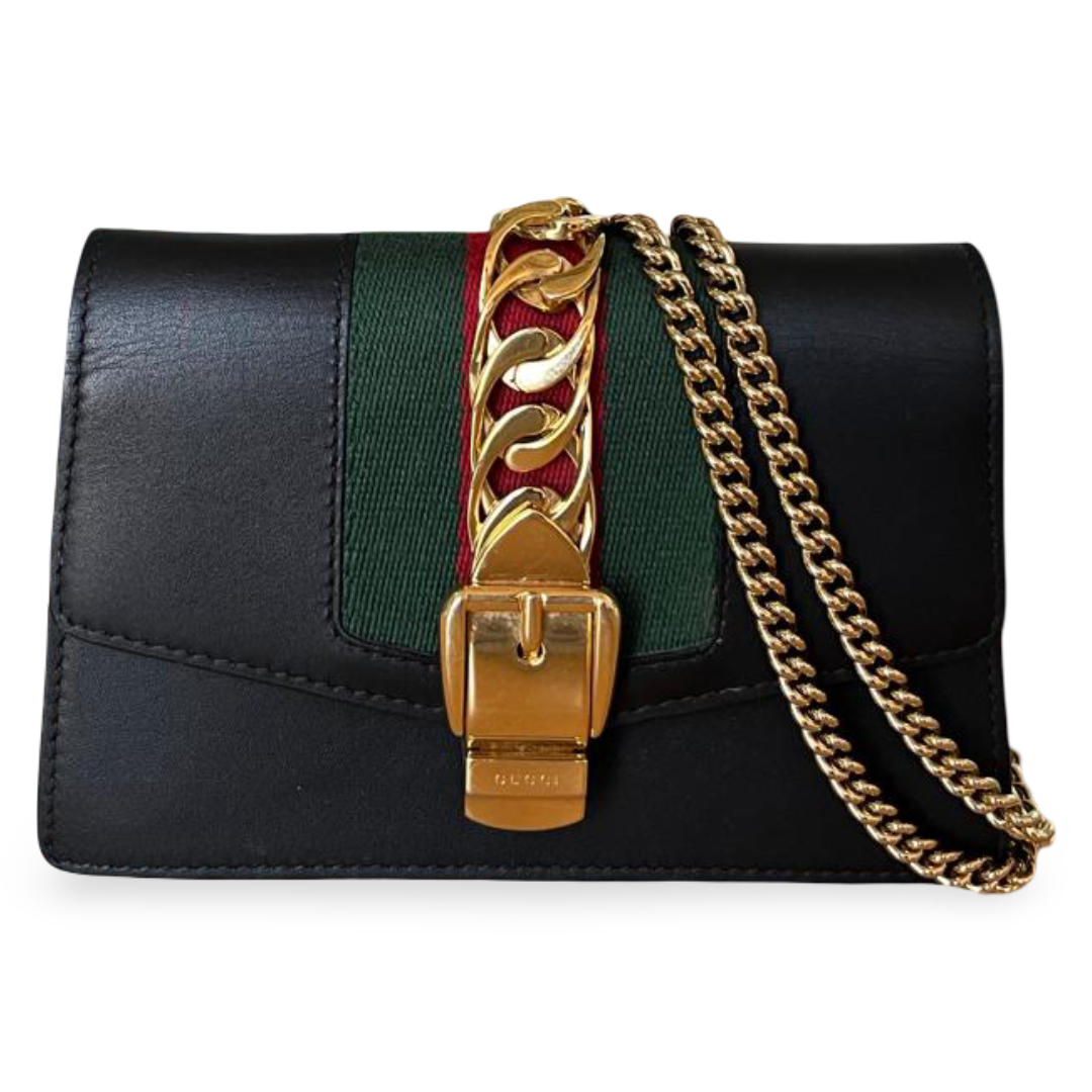 Gucci Black Leather Super Mini Sylvie Chain Shoulder Bag 1 Gucci Black Leather Super Mini Sylvie Chain Shoulder Bag