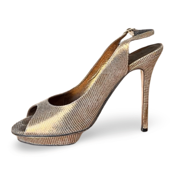 Gina Metallic Gold Lizard Embossed Leather Platform Peep Toe Slingback Sandals – Size 37 - Image 4