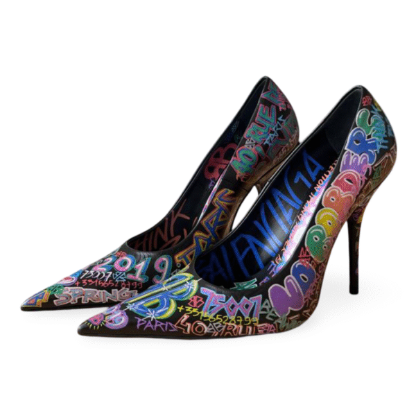 Balenciaga Black Leather Graffiti Print Pointed Toe Pumps – Size 36
