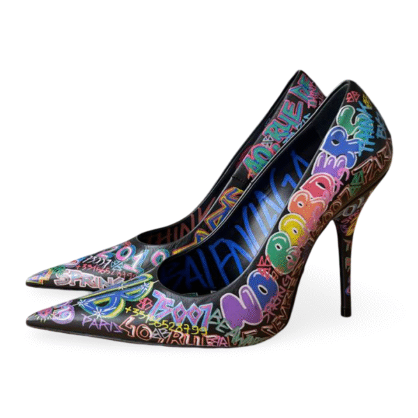 Balenciaga Black Leather Graffiti Print Pointed Toe Pumps – Size 36 - Image 3