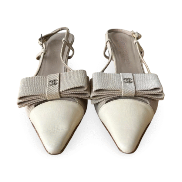 Chanel Bow Logo Slingback Heels in Beige Denim / Cream – Size 38 - Image 2