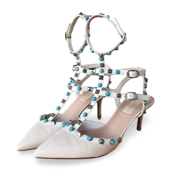 Valentino Garavani Pebbled Calfskin Turquoise Rockstud Rolling Ankle Strap 65mm Pumps – Size 38