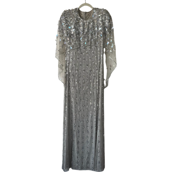 Jenny Packham Nettie Cape-Effect Embellished Sequined Tulle Gown – UK 10