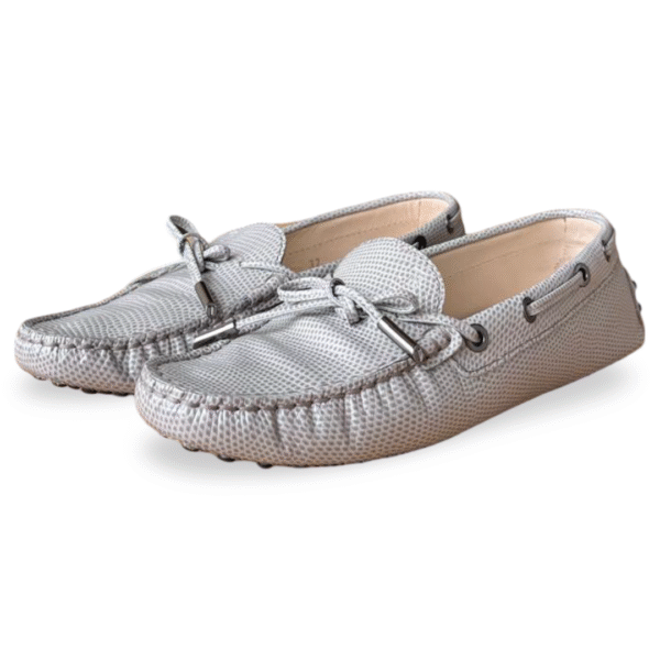TOD’S Gommino Lizard-Effect Leather Loafers Gray – Size 37