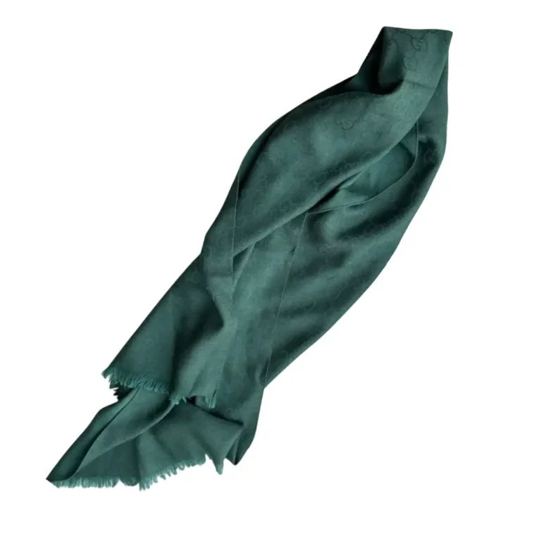 Gucci Dark Green GG Monogram Pattern Silk Jacquard Fringed Wool Blend Stole