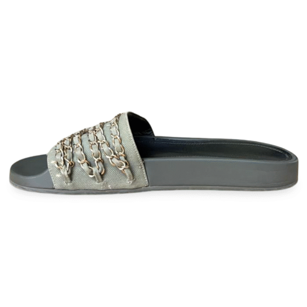 Chanel Tropiconic Chain Detail Khaki Green Flat Slide Sandals – Size 40 - Image 5