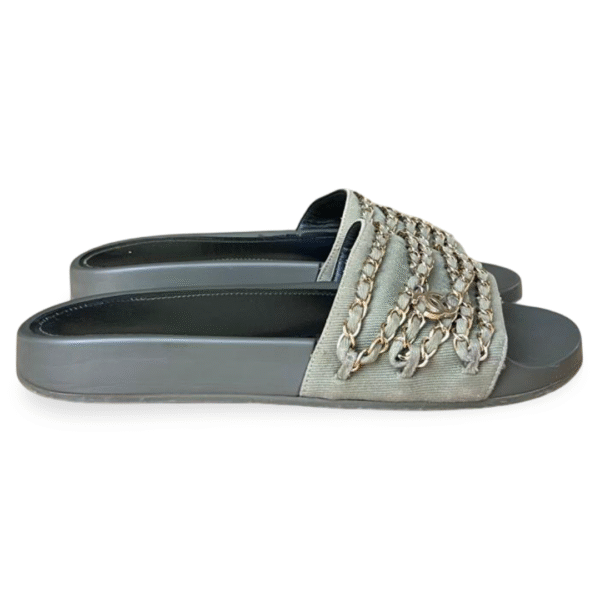Chanel Tropiconic Chain Detail Khaki Green Flat Slide Sandals – Size 40 - Image 4