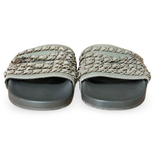 Chanel Tropiconic Chain Detail Khaki Green Flat Slide Sandals – Size 40 - Image 2