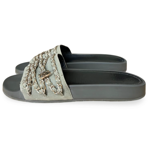 Chanel Tropiconic Chain Detail Khaki Green Flat Slide Sandals – Size 40 - Image 3