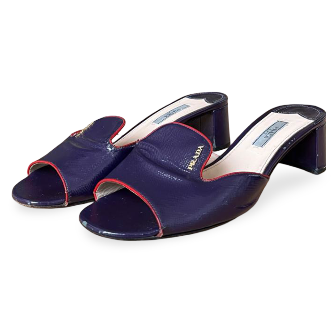 Prada Purple Saffiano Patent Leather Block Heel Slides – Size 40