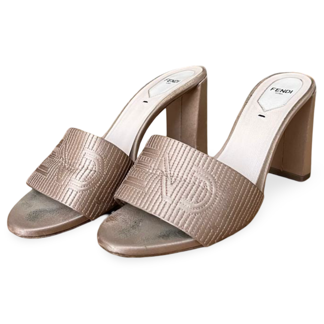 Fendi 90mm Beige Satin Logo-Embroidered Block Heel Slides – Size 40