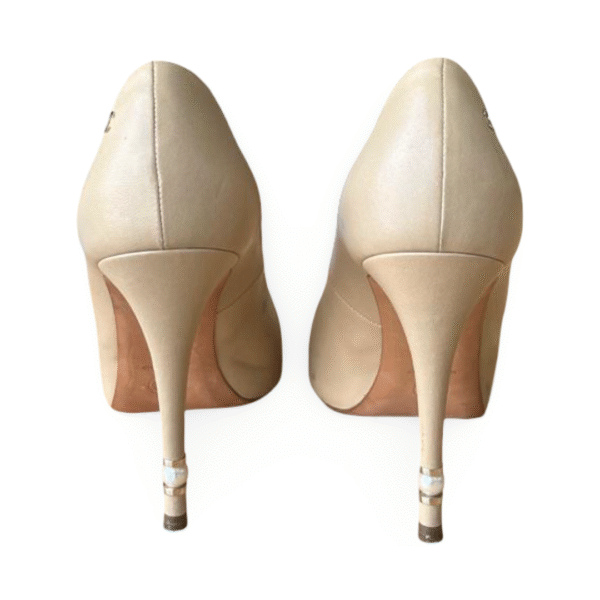Chanel Pearl Heel Neutral Beige Peep Toe Pumps – Size 39C - Image 6